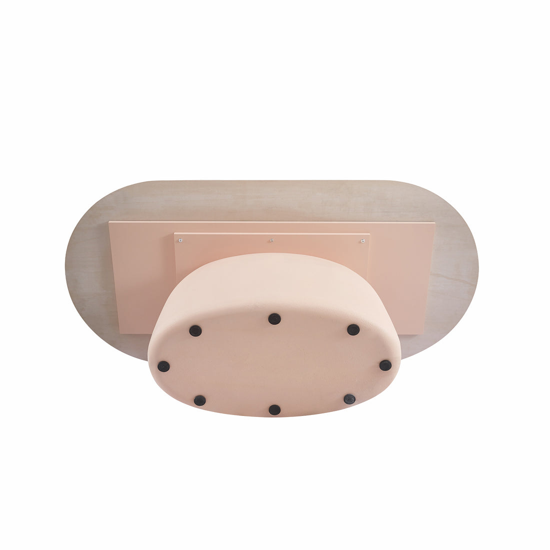 Underside view of table base and support feet on white background