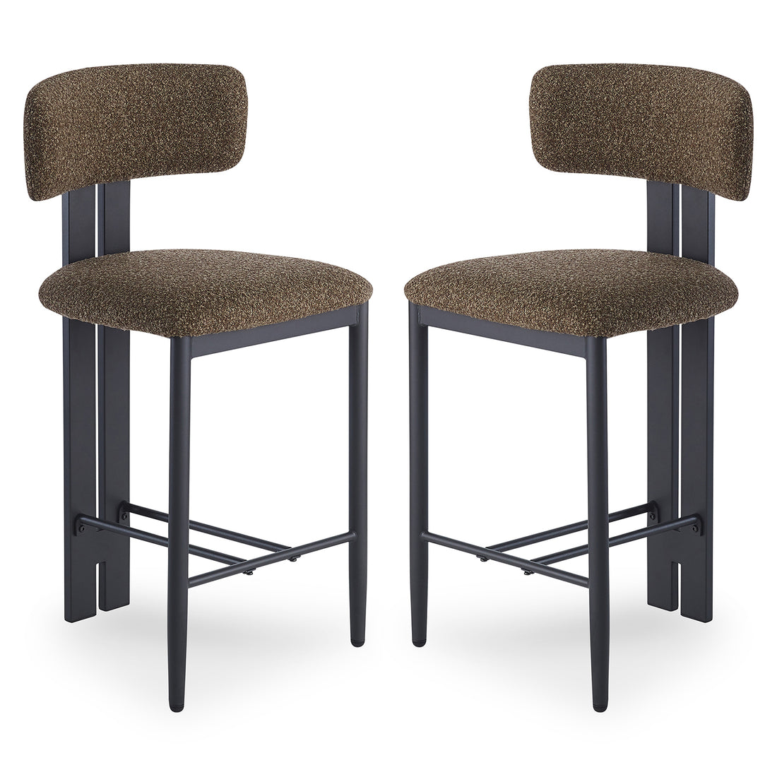 Haleo Curved Boucle Fabric Barstool Set of 2 features black metal frames with footrests, curved backrests, and textured brown upholstered seats, offering stylish comfort for counter-height seating.