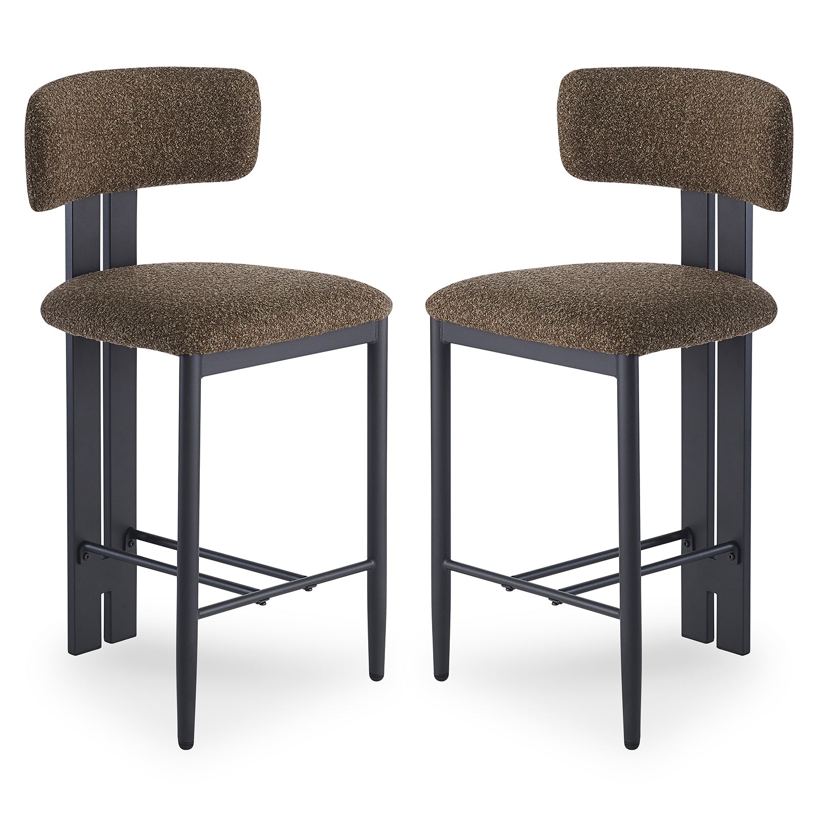 Haleo Curved Boucle Fabric Barstool Set of 2 features black metal frames with footrests, curved backrests, and textured brown upholstered seats, offering stylish comfort for counter-height seating.