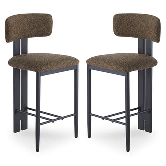 Haleo Curved Boucle Fabric Barstool Set of 2 features black metal frames with footrests, curved backrests, and textured brown upholstered seats, offering stylish comfort for counter-height seating.