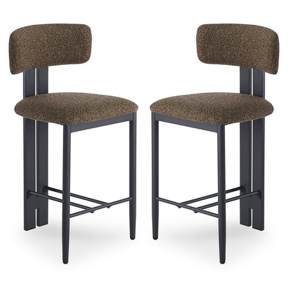 Haleo Curved Boucle Fabric Barstool Set of 2 features black metal frames with footrests, curved backrests, and textured brown upholstered seats, offering stylish comfort for counter-height seating.