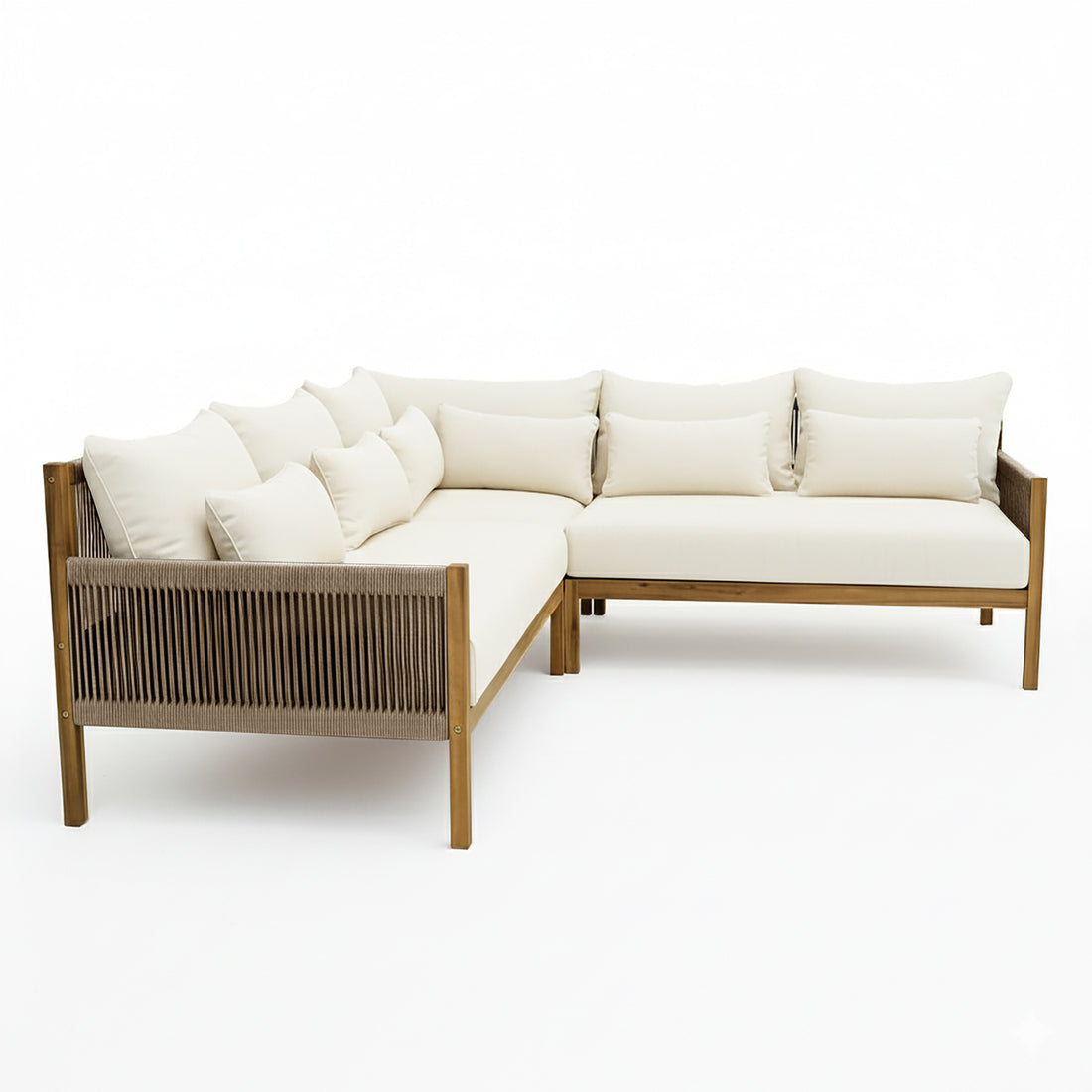 Tavi 5 Seater Solid Timber L Shape Outdoor Sofa in Beige, featuring a warm wood frame with woven-rope sides, thick cream cushions, and matching throw pillows on a white background.