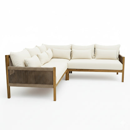 Tavi 5 Seater Solid Timber L Shape Outdoor Sofa in Beige, featuring a warm wood frame with woven-rope sides, thick cream cushions, and matching throw pillows on a white background.