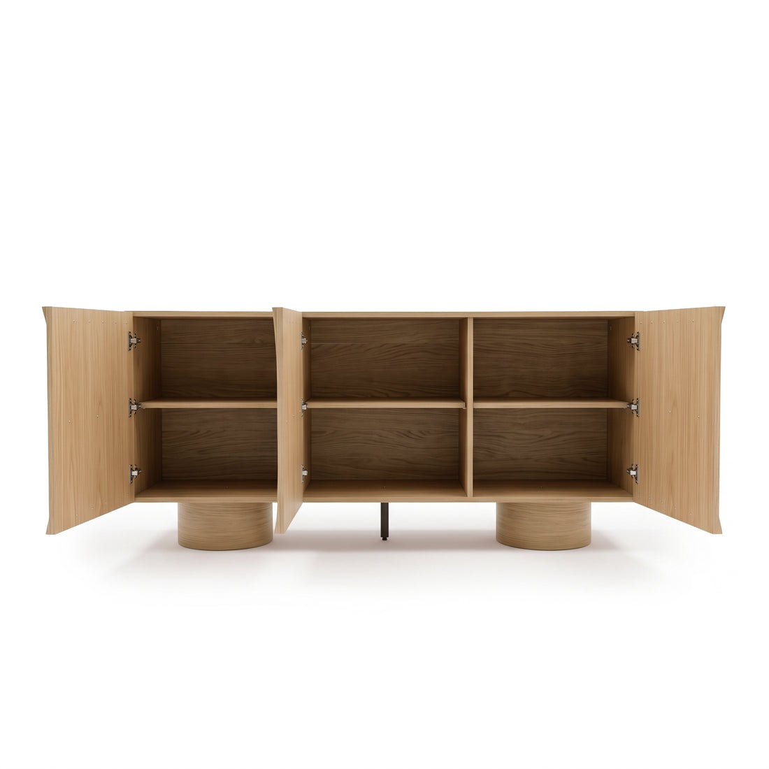 Light wood cabinet with open doors showing interior compartments on white background