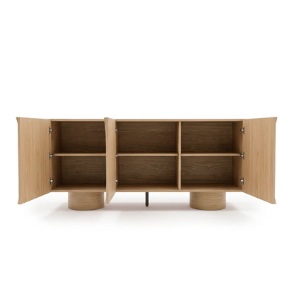 Light wood cabinet with open doors showing interior compartments on white background