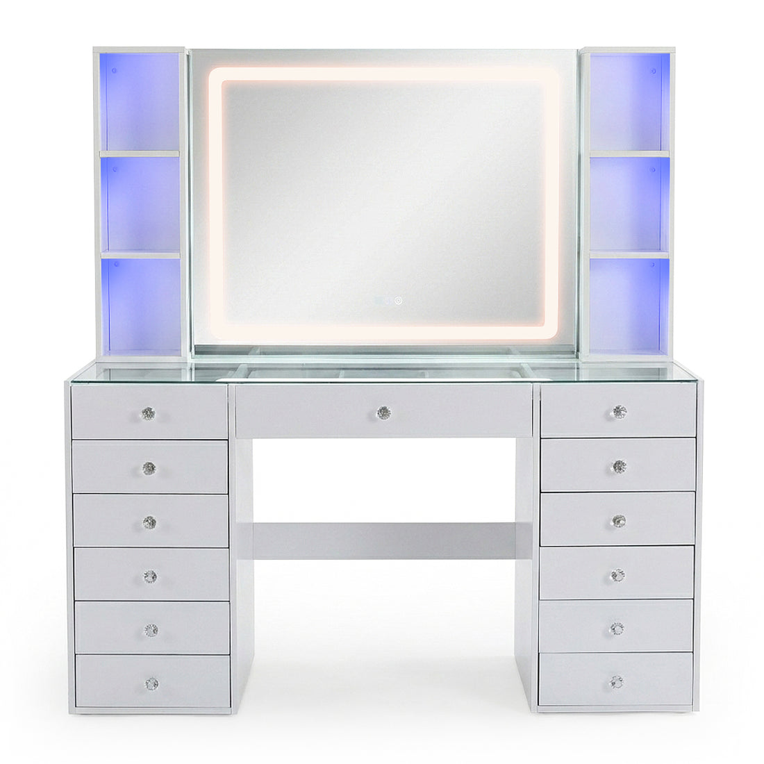 Mirrored vanity set with LED lighting and accent shelving on white background
