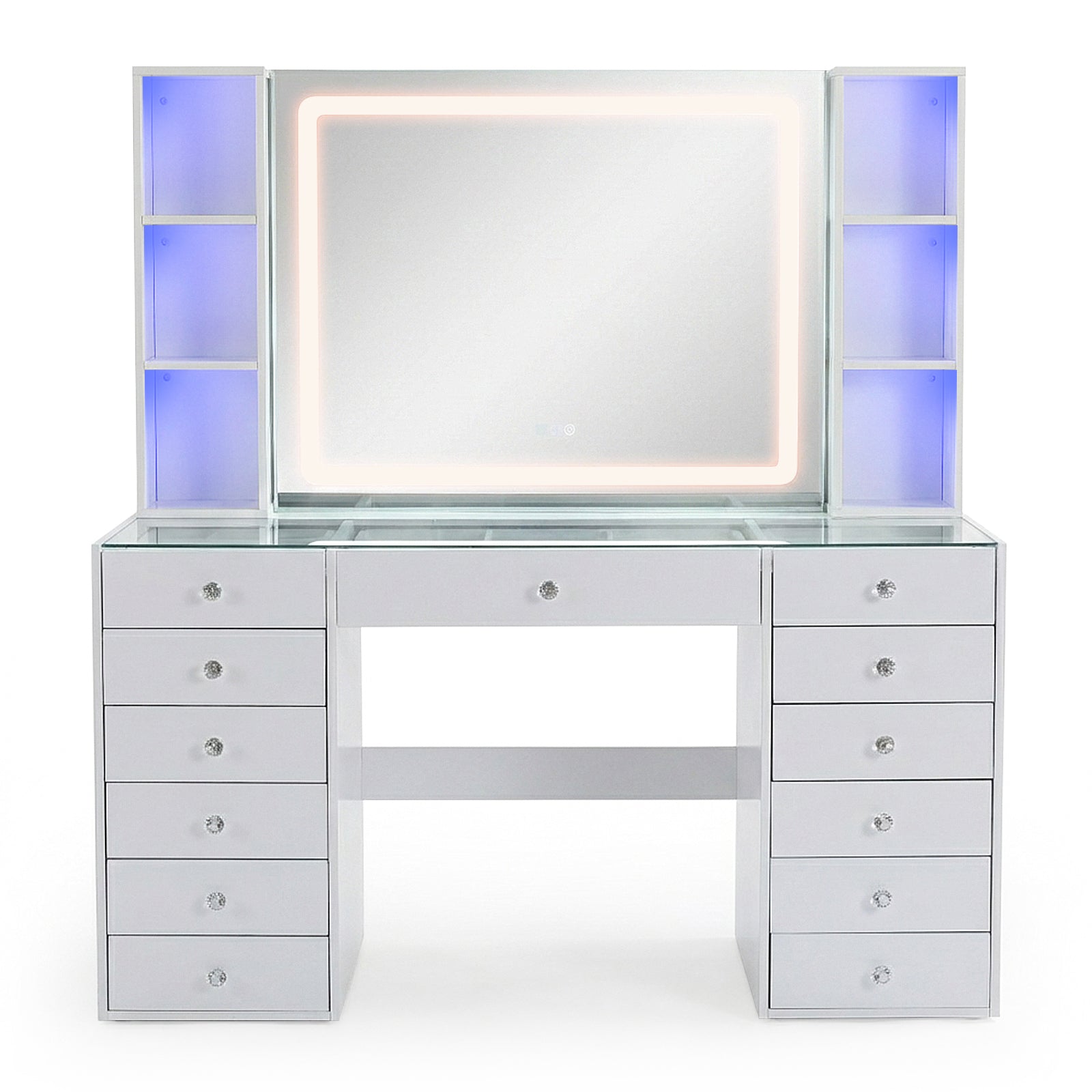 Mirrored vanity set with LED lighting and accent shelving on white background