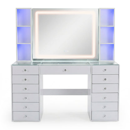 Mirrored vanity set with LED lighting and accent shelving on white background