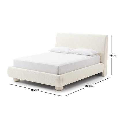 Modern upholstered bed on a white background with labeled dimensions