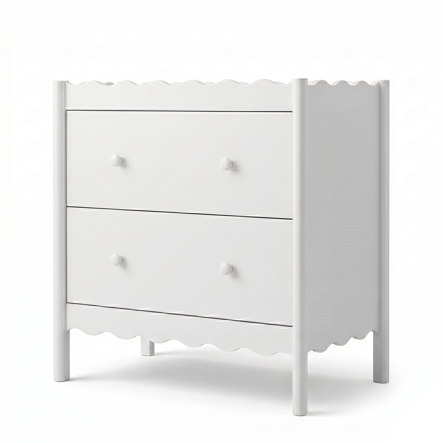 White two-drawer dresser on a plain white background