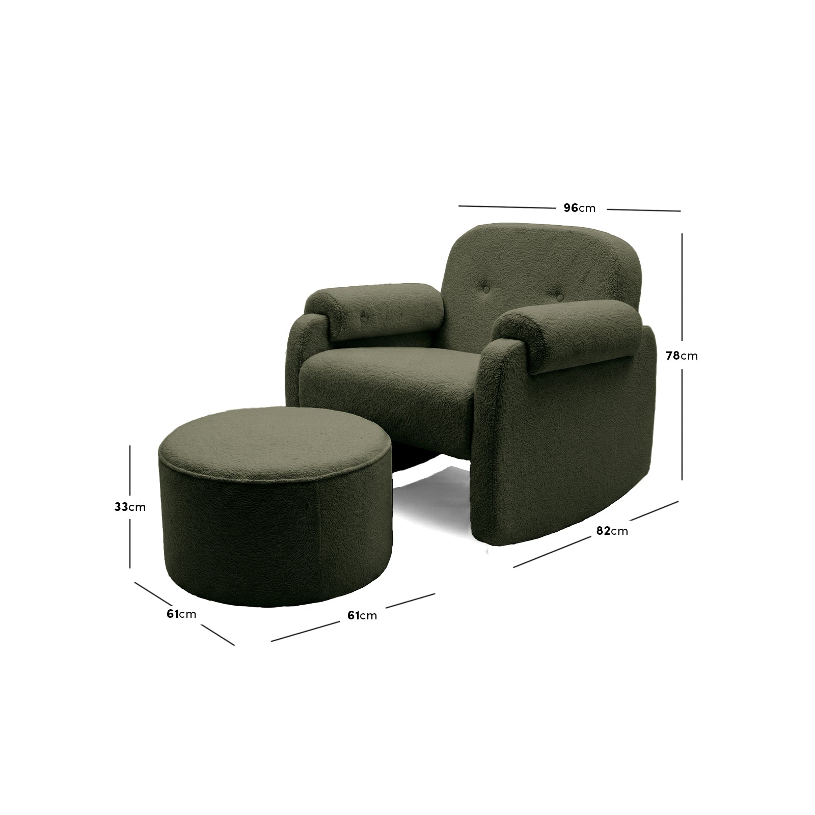 Armchair and ottoman with dimensions indicated on white background