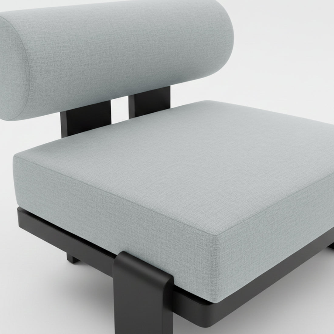 Close-up of the Modica 5 Seater Aluminium Outdoor Sofa Set in Black & Grey, highlighting the pale-gray upholstered seat with a cylindrical bolster backrest on a matte-black supported frame.