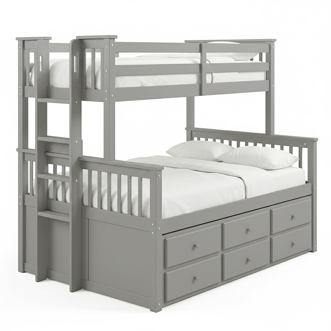 Grey wooden bunk bed with ladder and storage drawers on white background