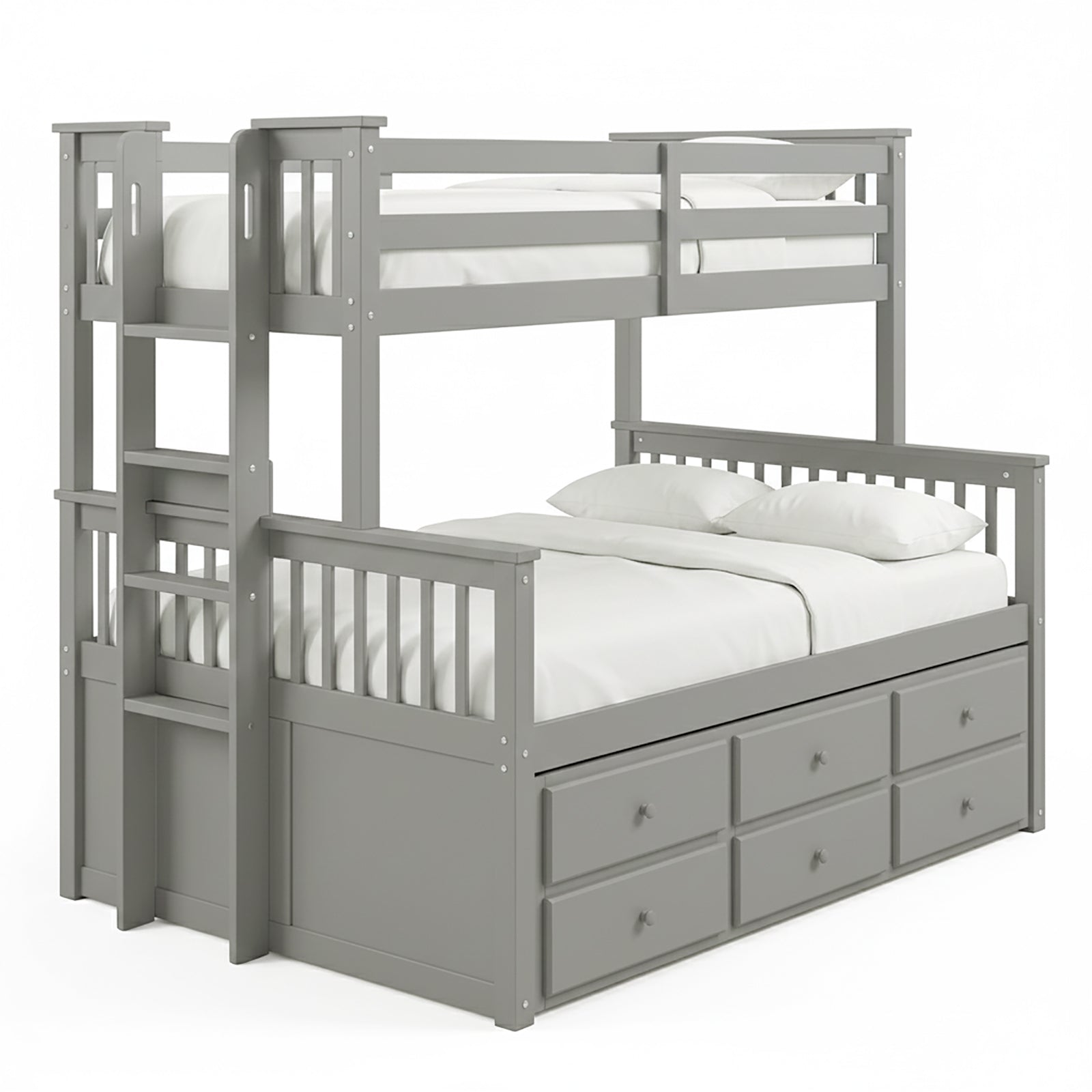 Grey wooden bunk bed with ladder and storage drawers on white background