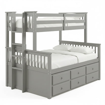 Grey wooden bunk bed with ladder and storage drawers on white background