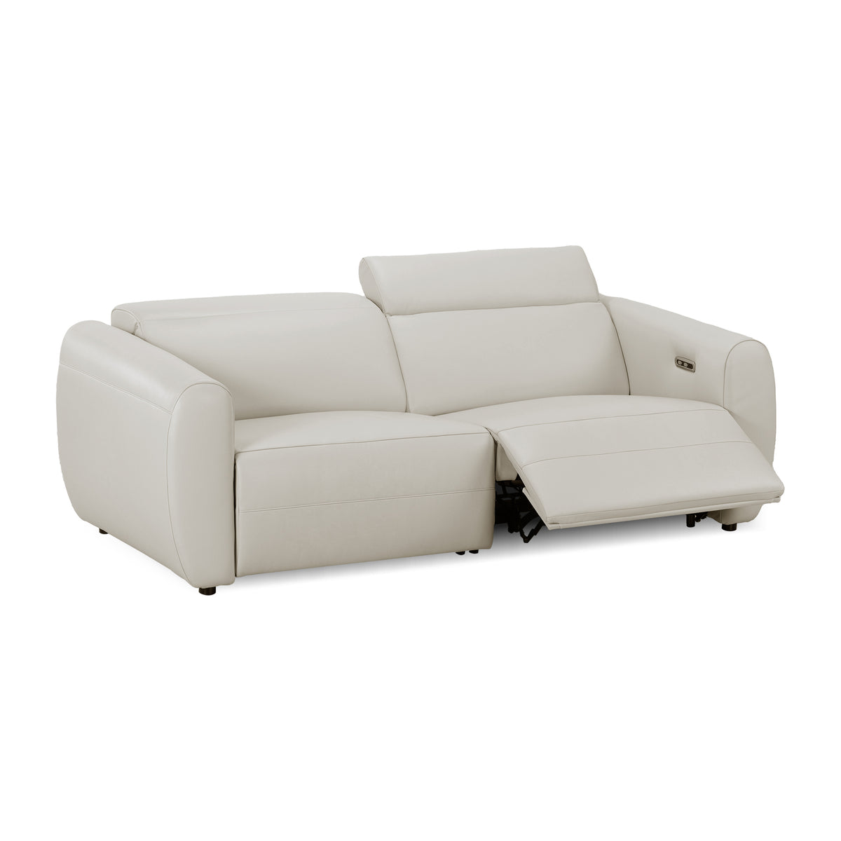 Beige reclining sofa on white background with footrest extended