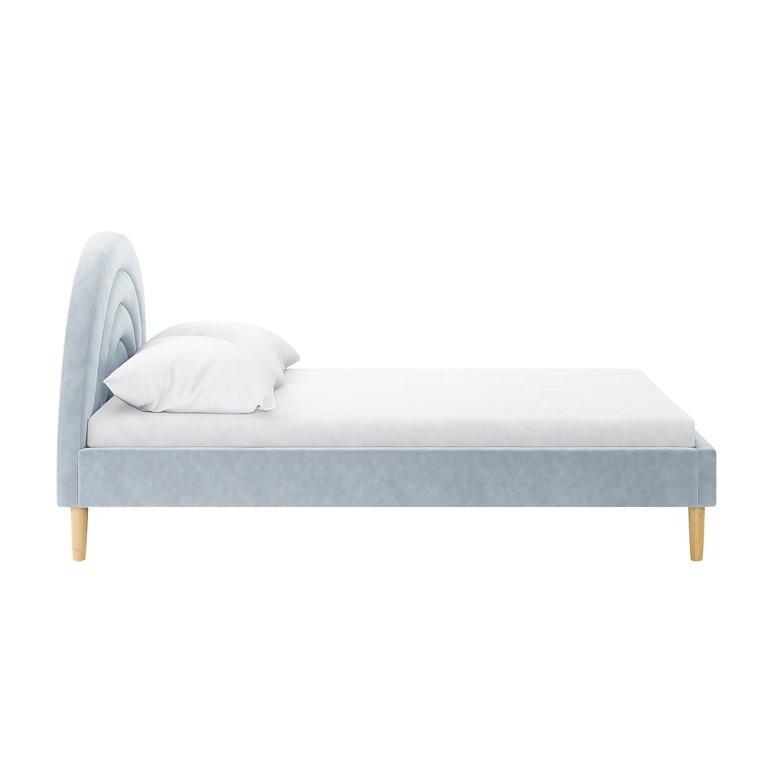 Estilla Velvet Rainbow Bed in Ice Blue features a semi-circular upholstered headboard, pale blue fabric, white mattress, pillow, and light wooden legs, offering charm and comfort for modern living.