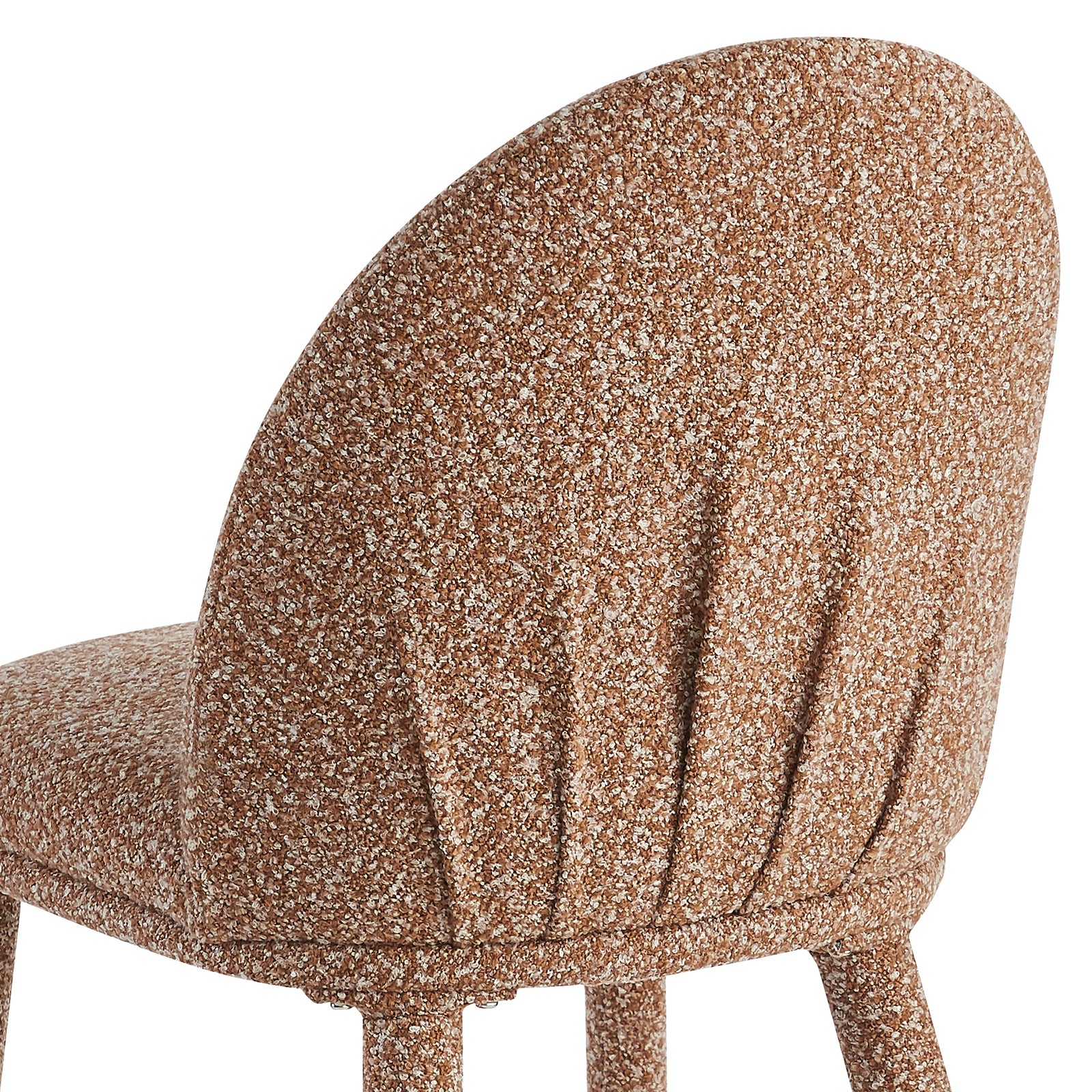 Joren Boucle Arched Dining Chair Set of 2 in Coral, featuring a speckled boucle fabric, scalloped backrest, and padded seat. The modern stool offers stylish comfort with a supportive shell-like design.
