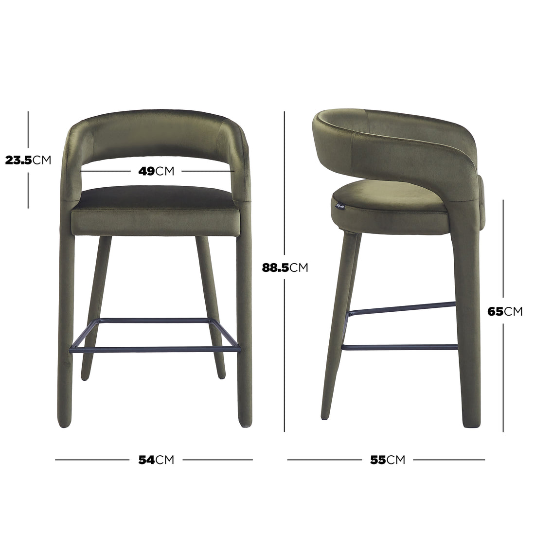 Olive green bar stool with front and side views and dimension lines