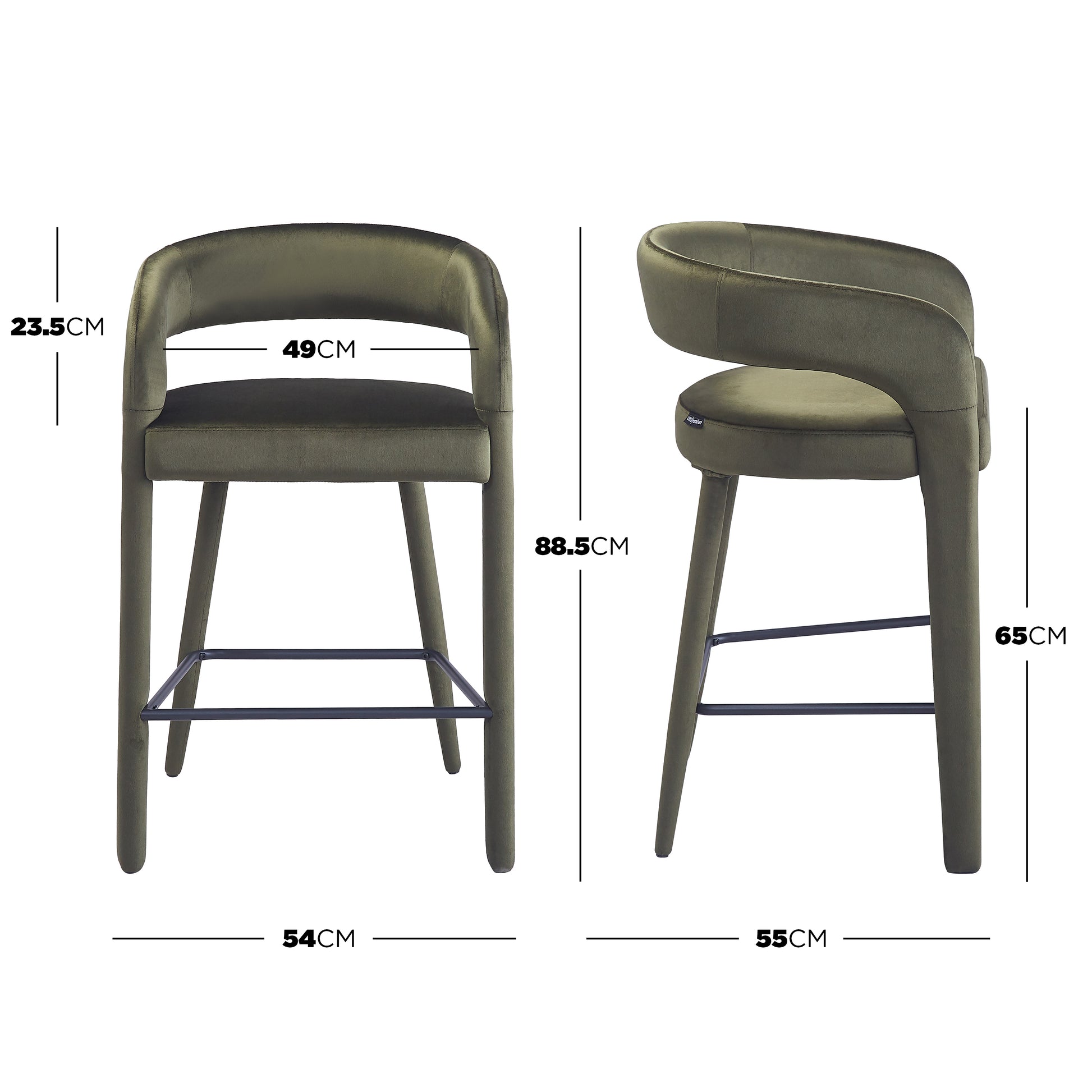 Olive green bar stool with front and side views and dimension lines