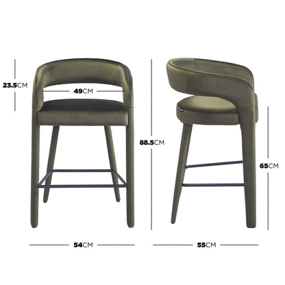 Olive green bar stool with front and side views and dimension lines