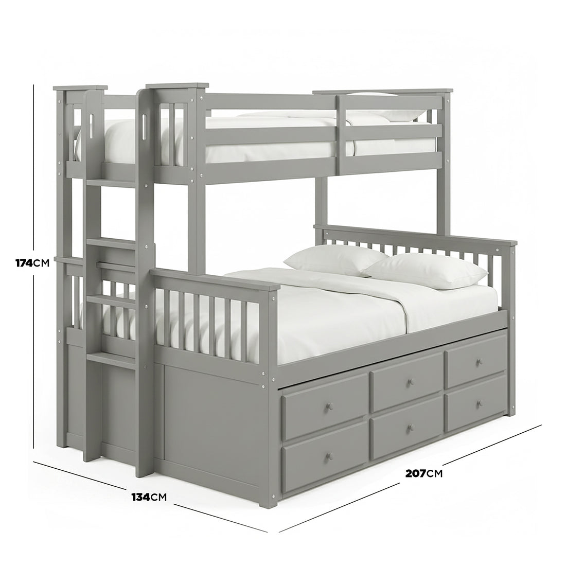 Grey wooden bunk bed with visible dimension lines and measurements on white background