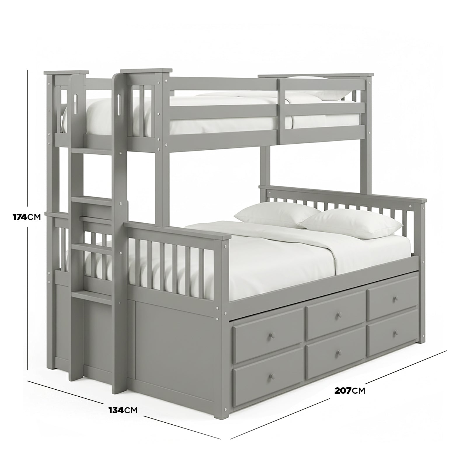 Grey wooden bunk bed with visible dimension lines and measurements on white background