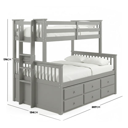 Grey wooden bunk bed with visible dimension lines and measurements on white background