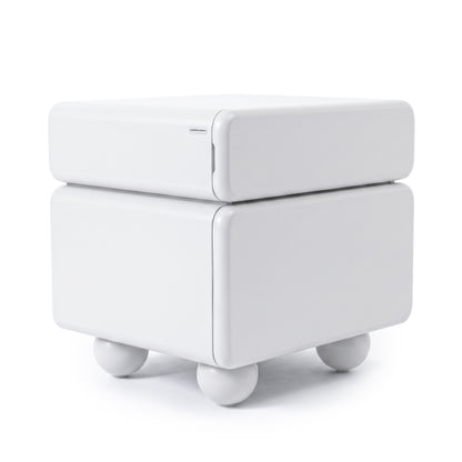 Glossy white square side table with rounded edges and spherical legs on white background
