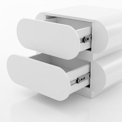 Ardenne 55cm Curved Bedside Table With Drawers in White, featuring a sleek, modern design with two half-open, smooth-fronted, pull-out drawers on metal slides, showcasing its practical and stylish storage solution.