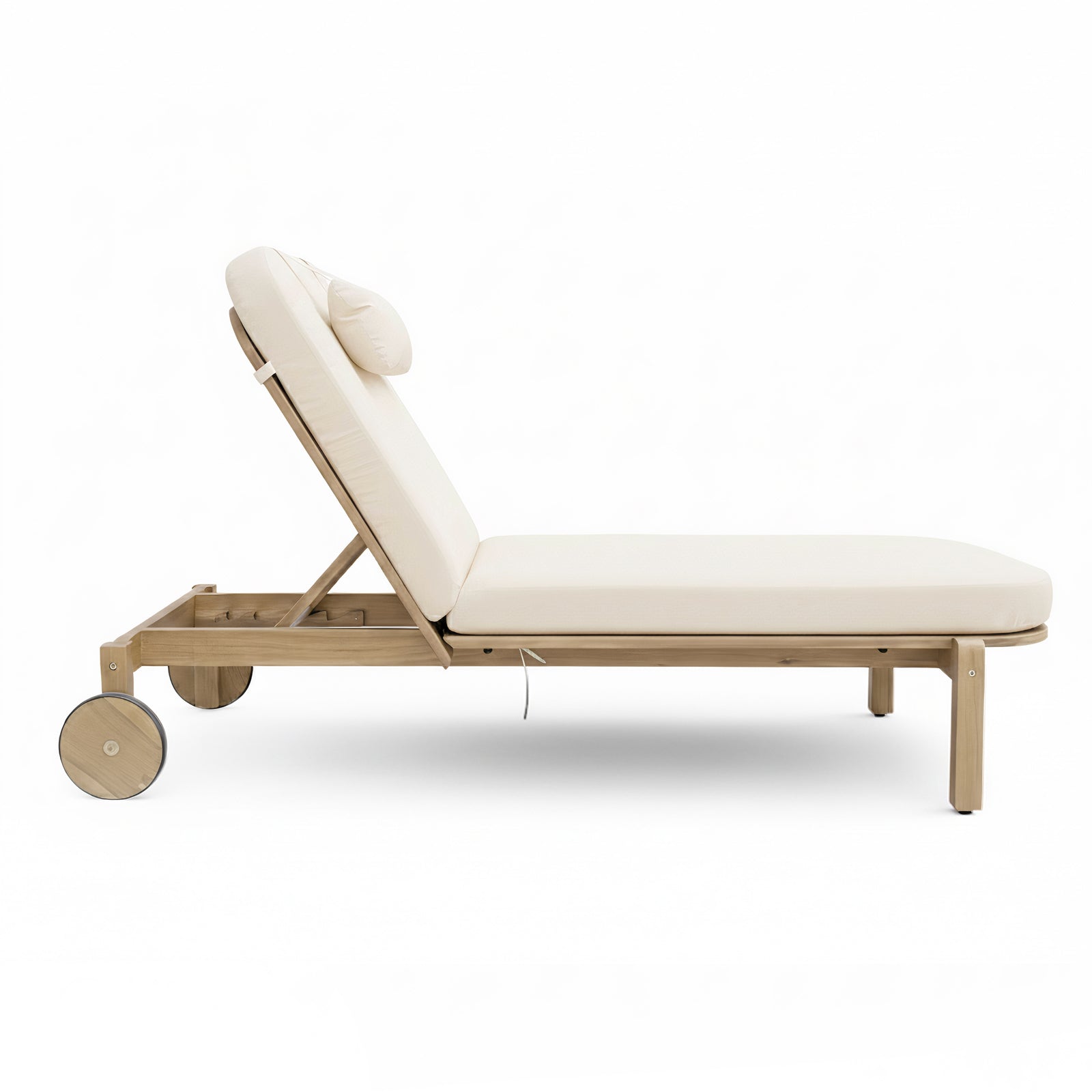 Zyra Hardwood Reclining Sun Lounger with Cushion in Cream featuring a light wood frame, adjustable backrest, small head pillow, and two wooden wheels for easy repositioning.