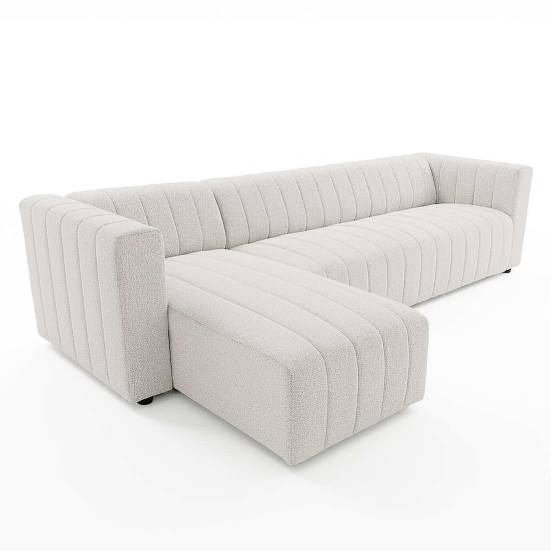 Parisa 4 Seater Tufted Boucle Sofa with Chaise in Cream White features a modern L-shaped design, deep channel-style tufting, and a chaise lounge, offering plush comfort and a sleek low-profile look.
