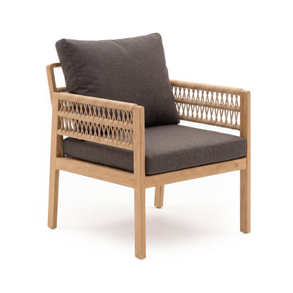 Modern armchair with wood frame and dark cushions on white background