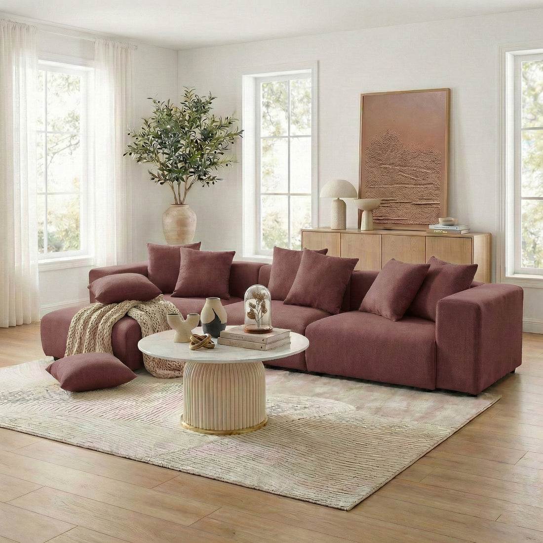 Mauve sectional sofa in modern styled living room