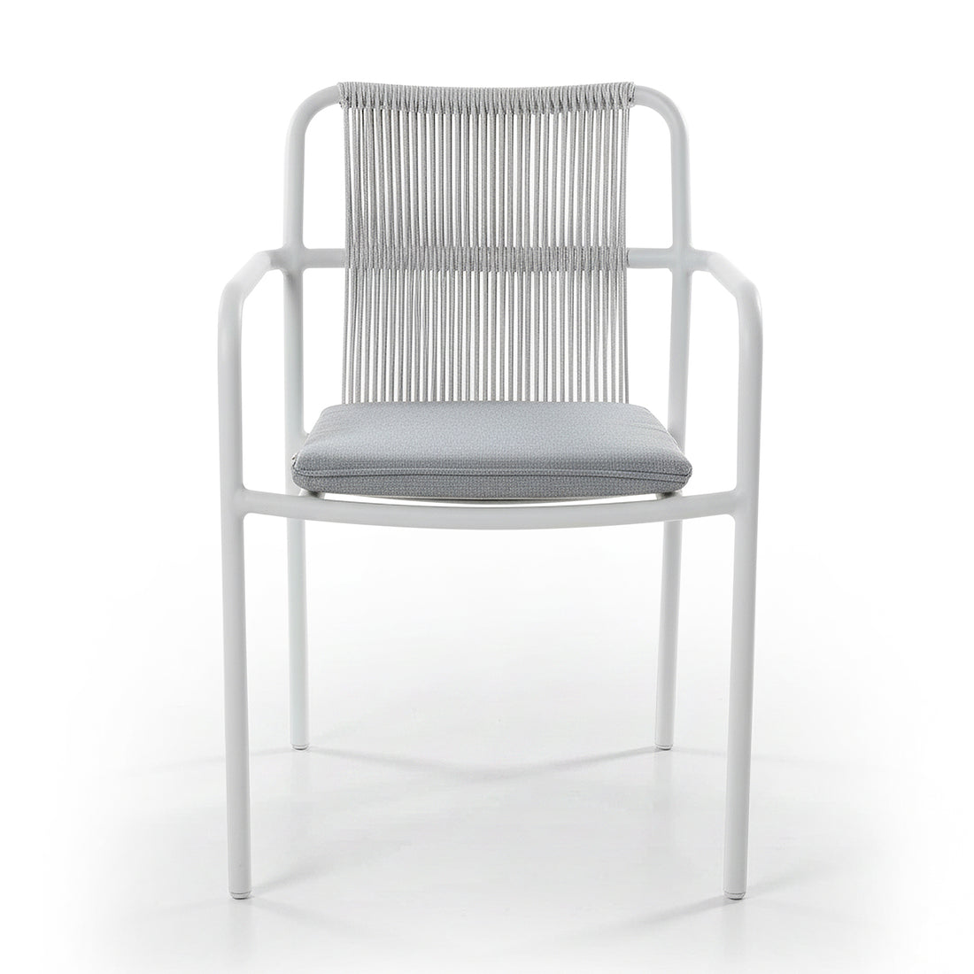 Evone Aluminium Rope Outdoor Dining Chair features a white metal frame, light gray upholstered seat, and vertical rope backrest, blending modern design with coastal charm for outdoor settings.