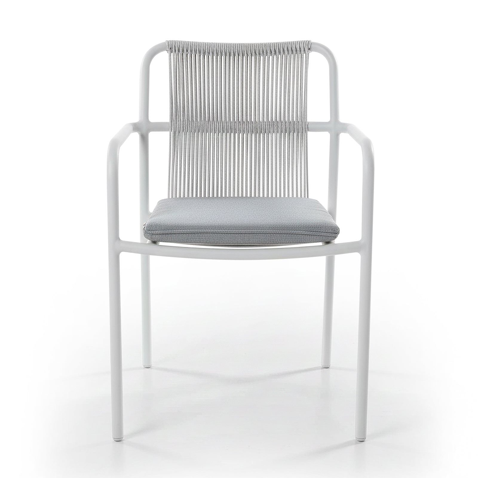 Evone Aluminium Rope Outdoor Dining Chair features a white metal frame, light gray upholstered seat, and vertical rope backrest, blending modern design with coastal charm for outdoor settings.