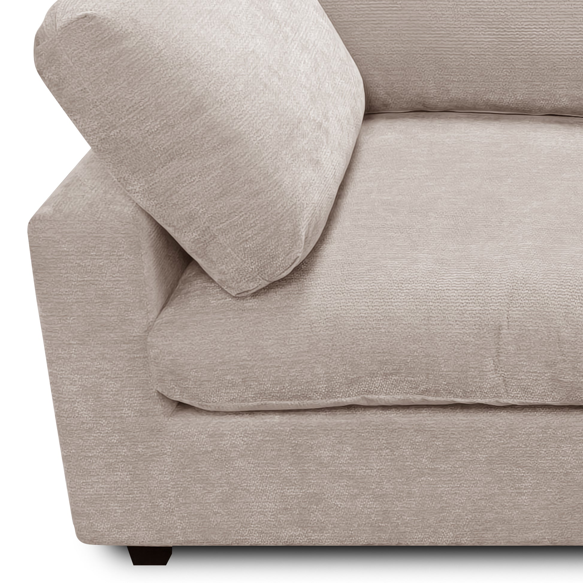 Partial view of a beige upholstered armchair or sectional piece on a white background