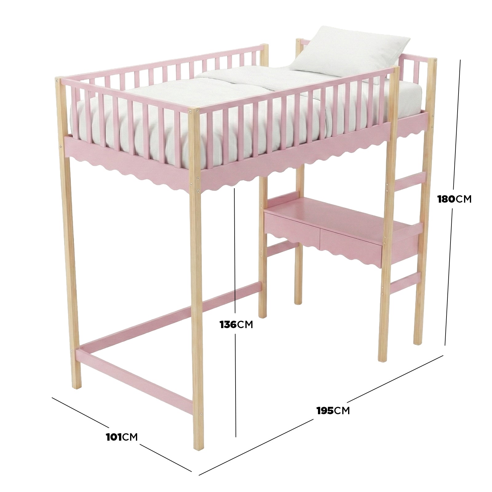 Pink and wood loft bed on white background with dimension callouts