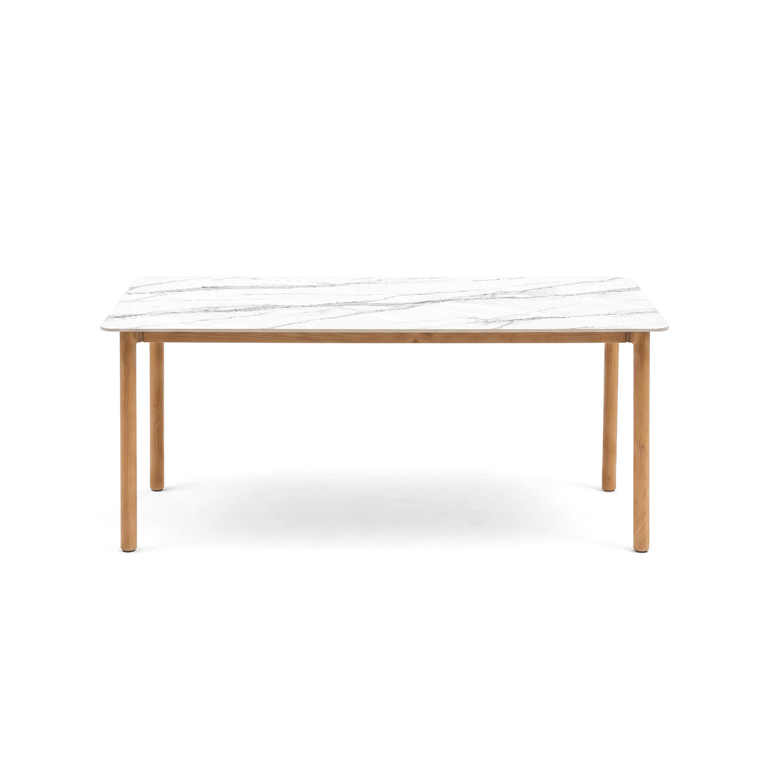 Rectangular dining table with white marble-patterned top and wooden legs on a white background