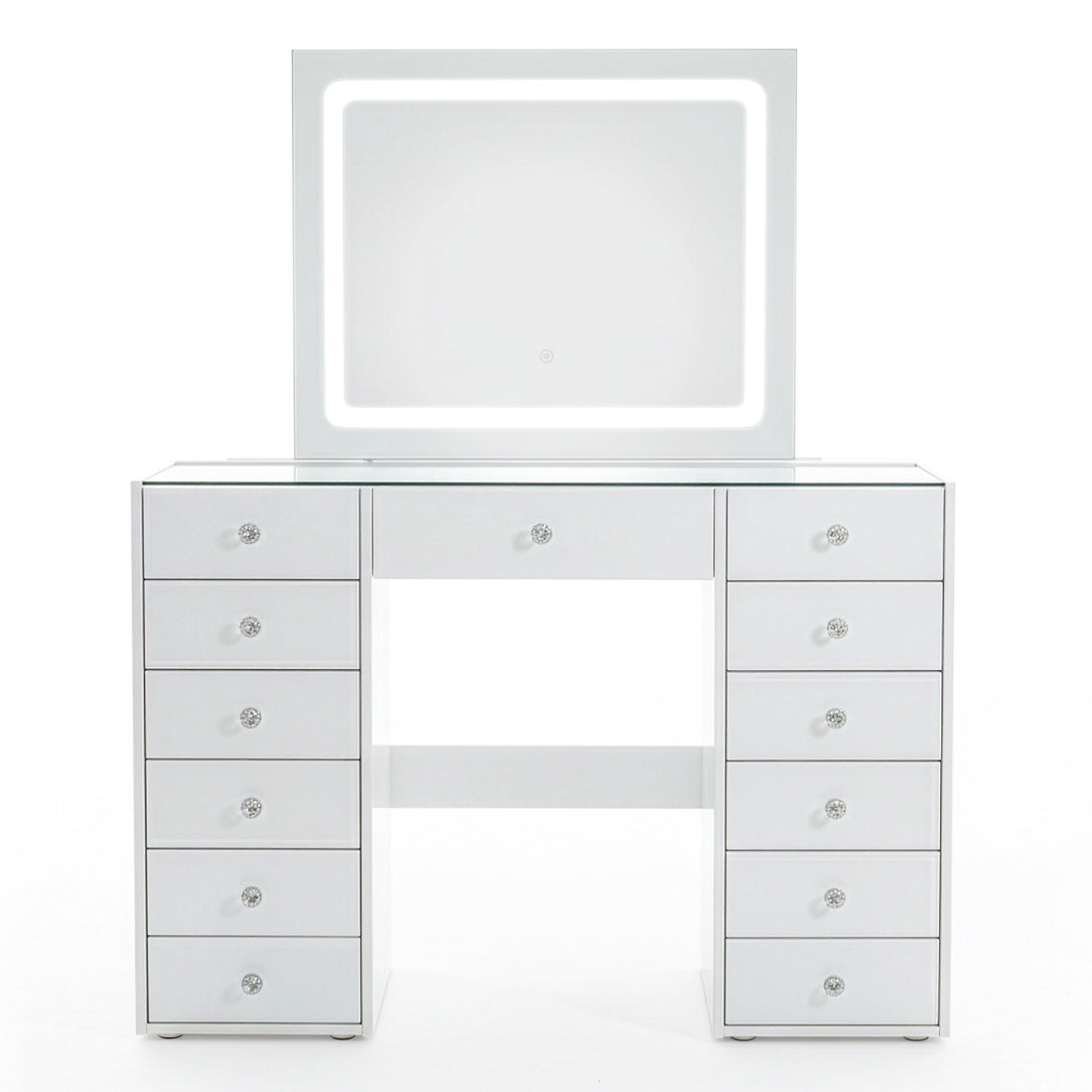 White modern vanity table with LED‐lit mirror and crystal drawer knobs on white background