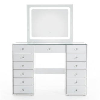 White modern vanity table with LED‐lit mirror and crystal drawer knobs on white background