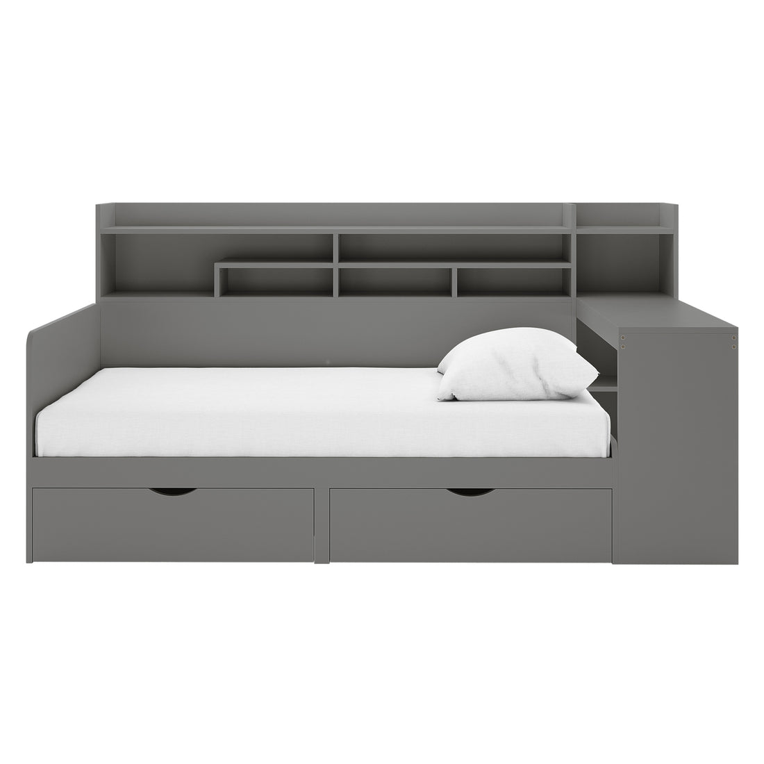Hally Storage Single Bed with Desk and Drawers in Grey features a daybed with a white mattress, pull-out drawers, open shelves, and a right-side desk extension for efficient space utilization.