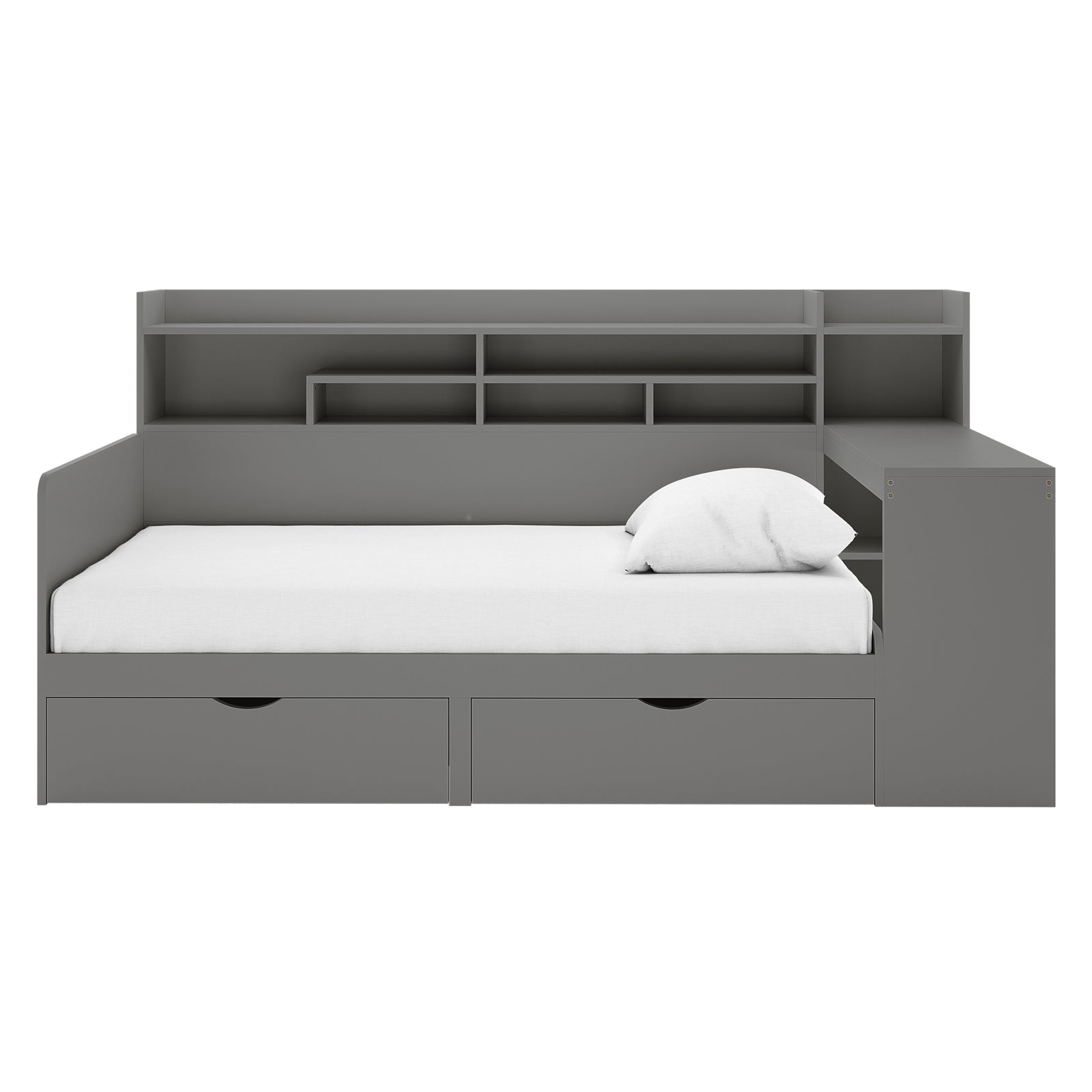 Hally Storage Single Bed with Desk and Drawers in Grey features a daybed with a white mattress, pull-out drawers, open shelves, and a right-side desk extension for efficient space utilization.