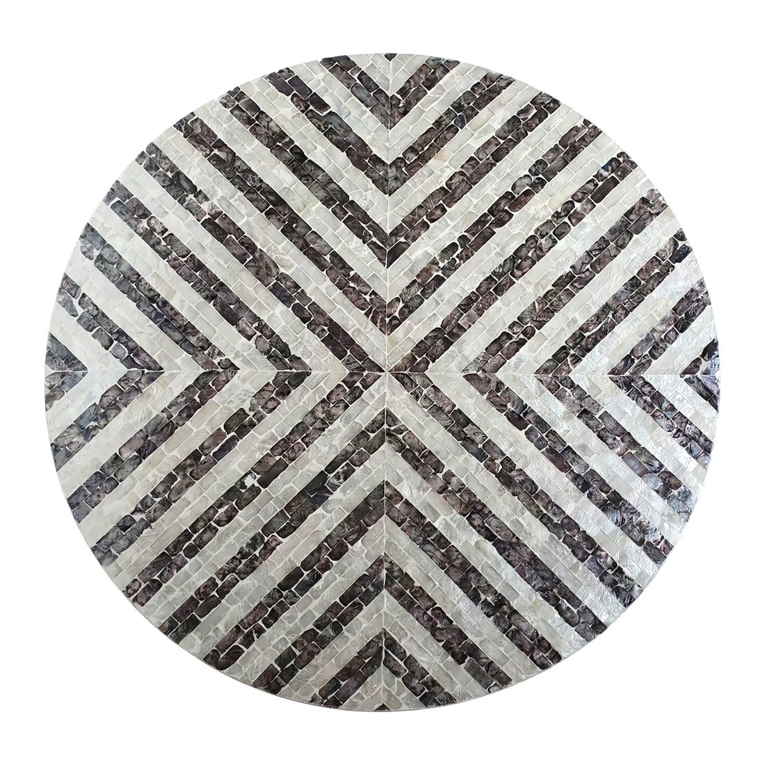 Round mosaic tabletop with black and white chevron pattern on white background
