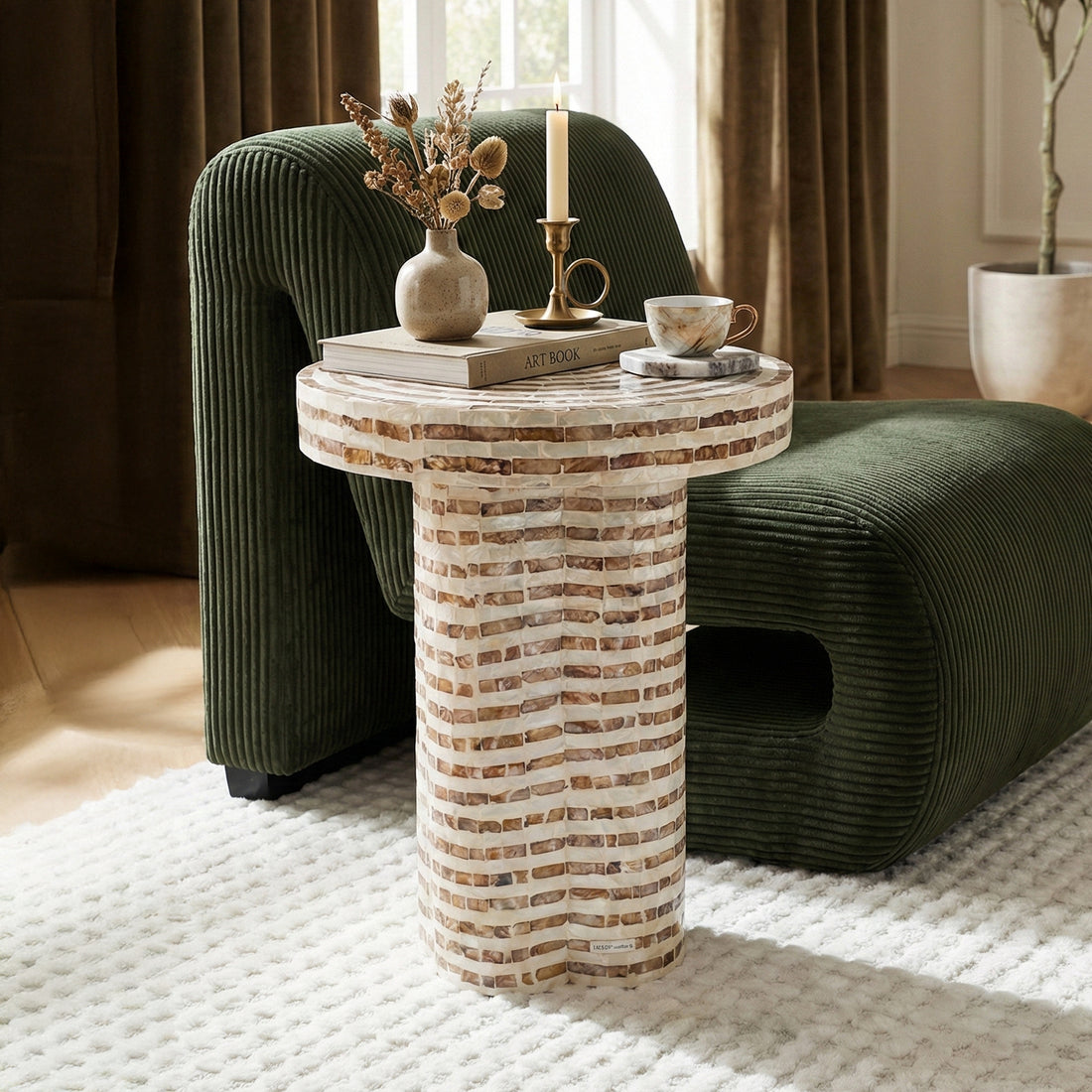 Round mosaic side table in a living room setting