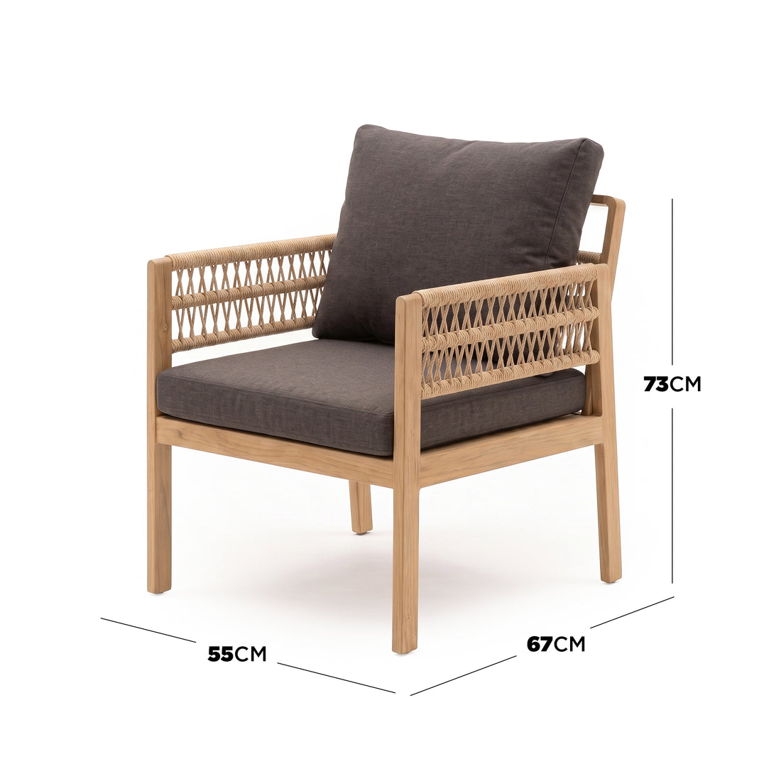 Modern armchair with measurements labeled for height, width, and depth