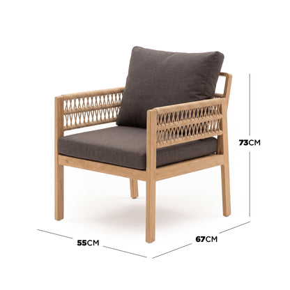 Modern armchair with measurements labeled for height, width, and depth