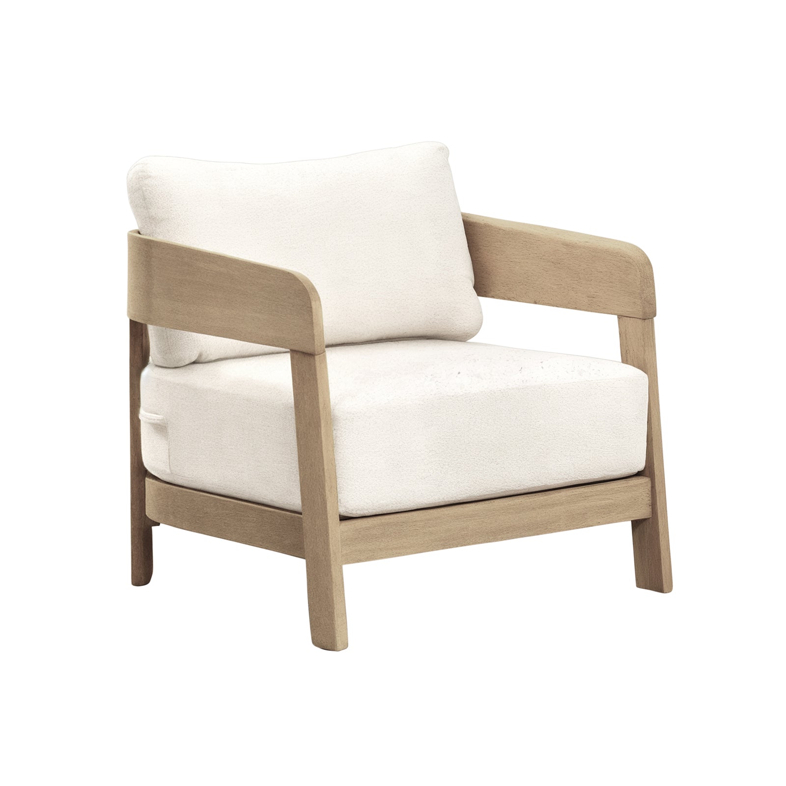 Elani 5 Seater Acacia Hardwood Outdoor Sofa Set in Cream features a modern armchair with a light-wood frame, off-white cushions, gently curved armrests, and straight wooden legs, showcasing minimalist design.