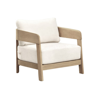 Elani 5 Seater Acacia Hardwood Outdoor Sofa Set in Cream features a modern armchair with a light-wood frame, off-white cushions, gently curved armrests, and straight wooden legs, showcasing minimalist design.