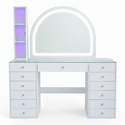 White vanity table with LED-lit mirror and purple-lit shelving on white background